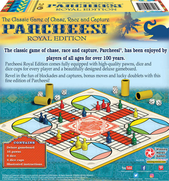 Parcheesi Royal Edition game by Winning Moves. Features a colorful deluxe gameboard with red, blue, yellow, and green pawns, along with dice and cups. The game is designed for players of all ages and emphasizes chase, race, and capture elements. It includes illustrated instructions and components for competitive play.