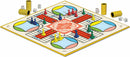 Parcheesi Royal Edition game by Winning Moves displayed on a vibrant board. The board features various colored sections with playing pieces in red, yellow, green, and blue. Two yellow dice and game tubes are also visible, emphasizing the classic multiplayer experience.