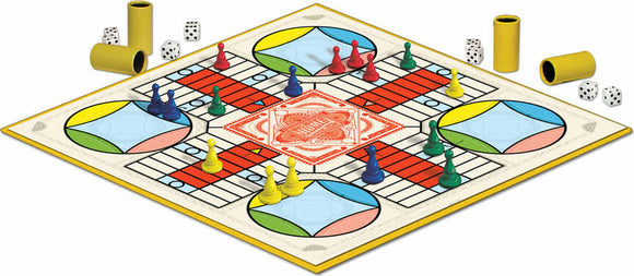 Parcheesi Royal Edition game by Winning Moves displayed on a vibrant board. The board features various colored sections with playing pieces in red, yellow, green, and blue. Two yellow dice and game tubes are also visible, emphasizing the classic multiplayer experience.