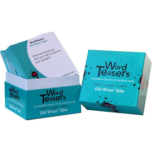 Word Teasers - Old Wives' Tales game by Wordteasers. The set includes a colorful box with conversation starter cards designed for family engagement and fun discussions. Ideal for breaking the ice and enhancing communication during gatherings.