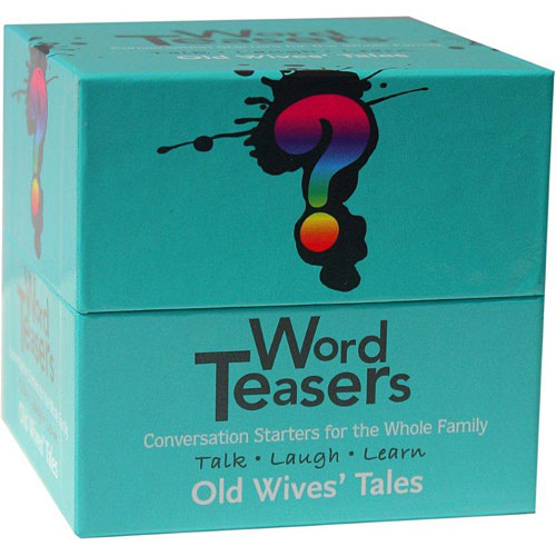 Word Teasers - Old Wives' Tale game box featuring a vibrant turquoise design with a question mark and the title prominently displayed. The text emphasizes conversation starters and family fun, ideal for engaging discussions about traditional sayings.