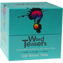 Word Teasers - Old Wives' Tale game box featuring a vibrant turquoise design with a question mark and the title prominently displayed. The text emphasizes conversation starters and family fun, ideal for engaging discussions about traditional sayings.